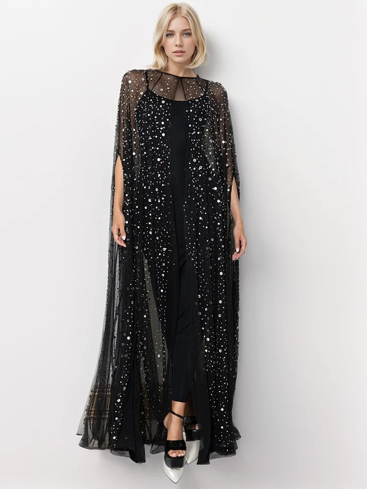 Sequin Patchwork Dress With Round Neck Mesh Sleeves
