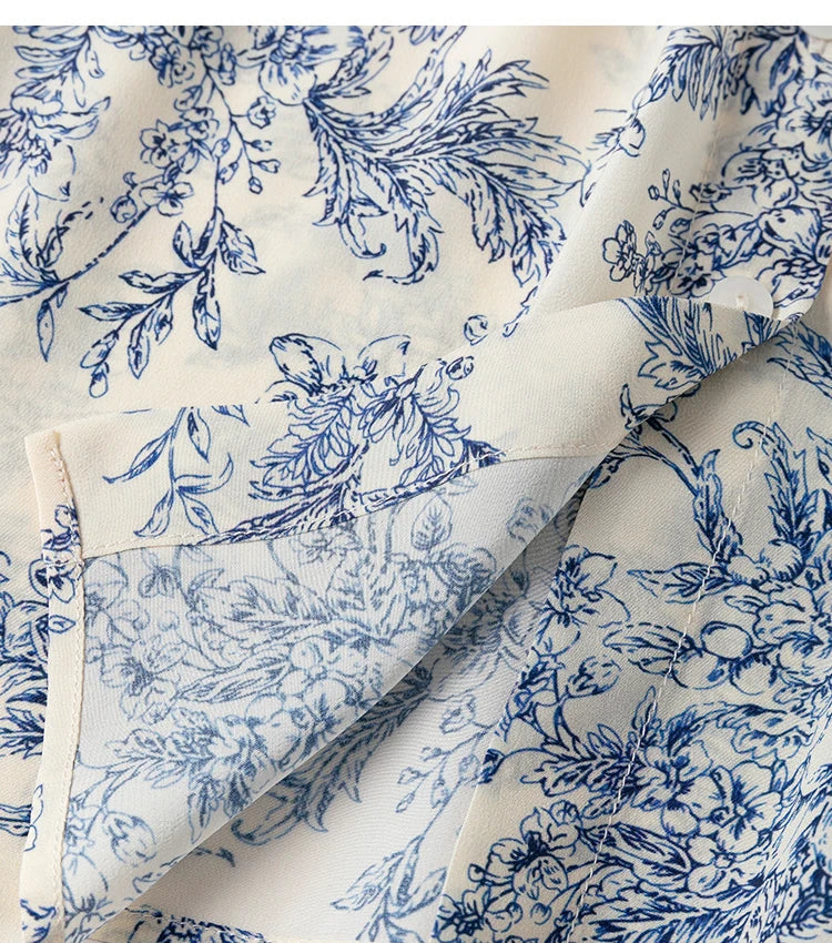 Women 100 Percent Mulberry Crepe Silk Shirt White Floral Button Down Long Sleeve Blouse Elegant Office Top M L XL