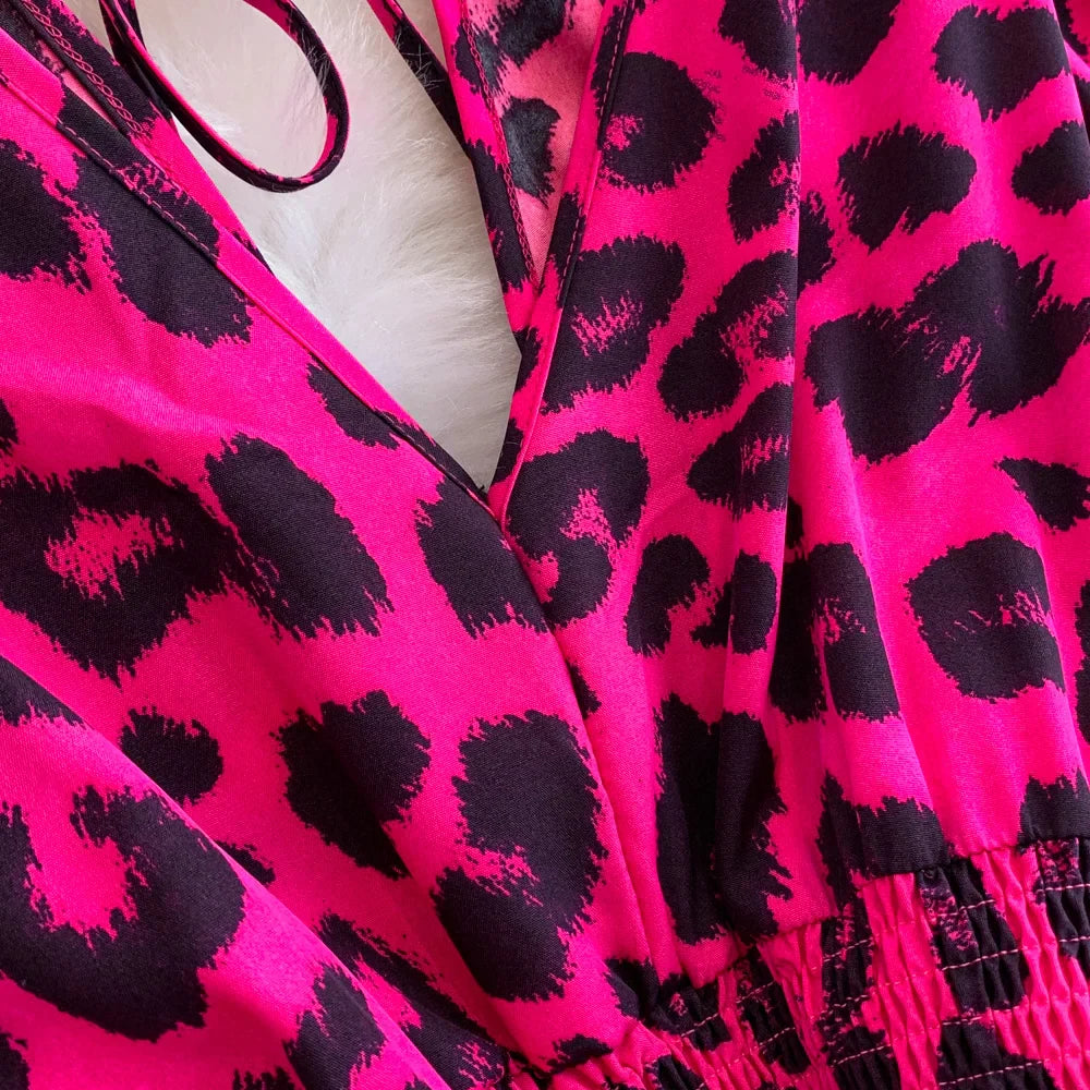 Women's Summer V-Neck Leopard Print Lace-Up Jumpsuit Short Sleeve Loose Fit Playsuit Overalls with Elegant Ruffle Detail