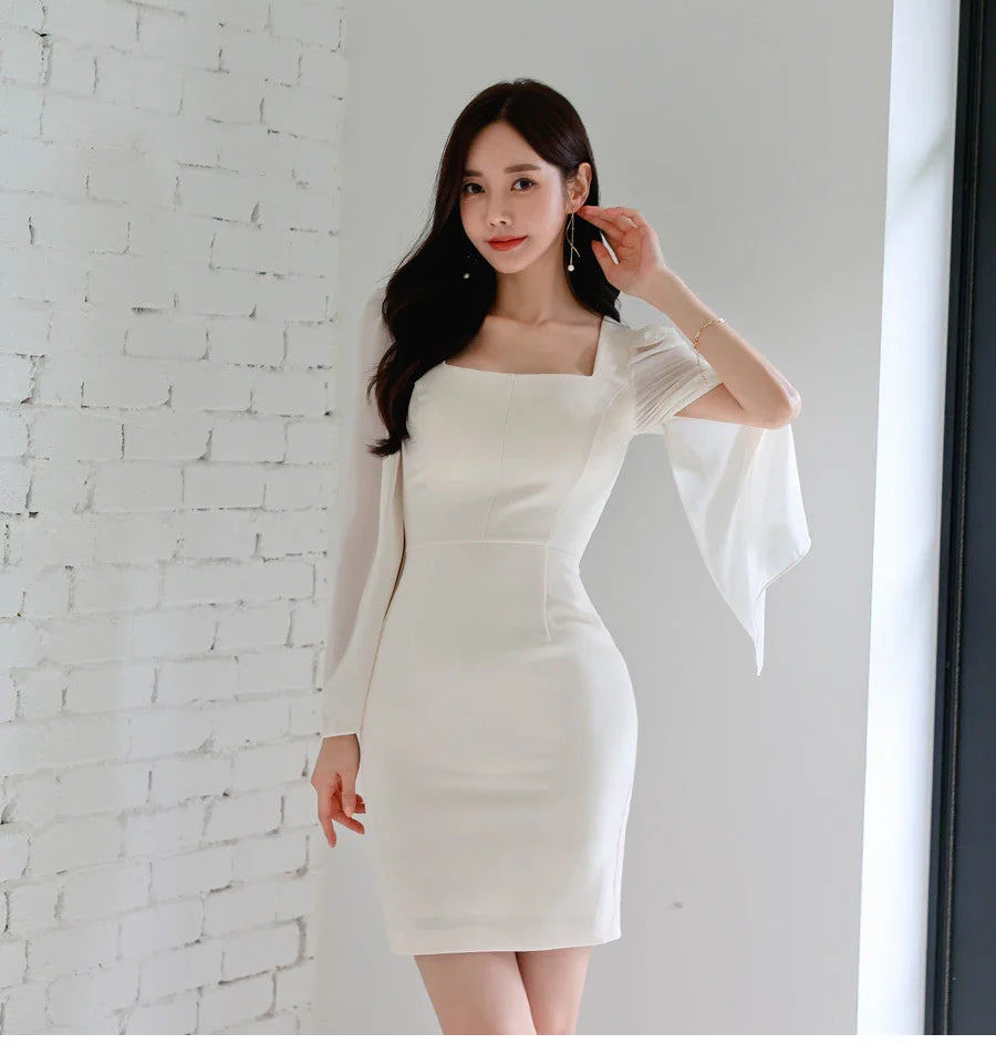 Korean White Sheath Dress With Flare Sleeves For Work