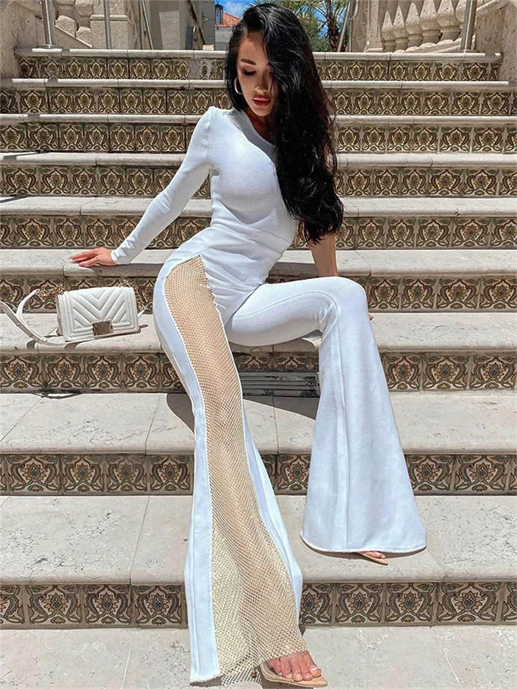 Mesh Patchwork One Sleeve Jumpsuit for Women Hipster Incline Shoulder Sheath Flare Overalls Autumn Streetwear