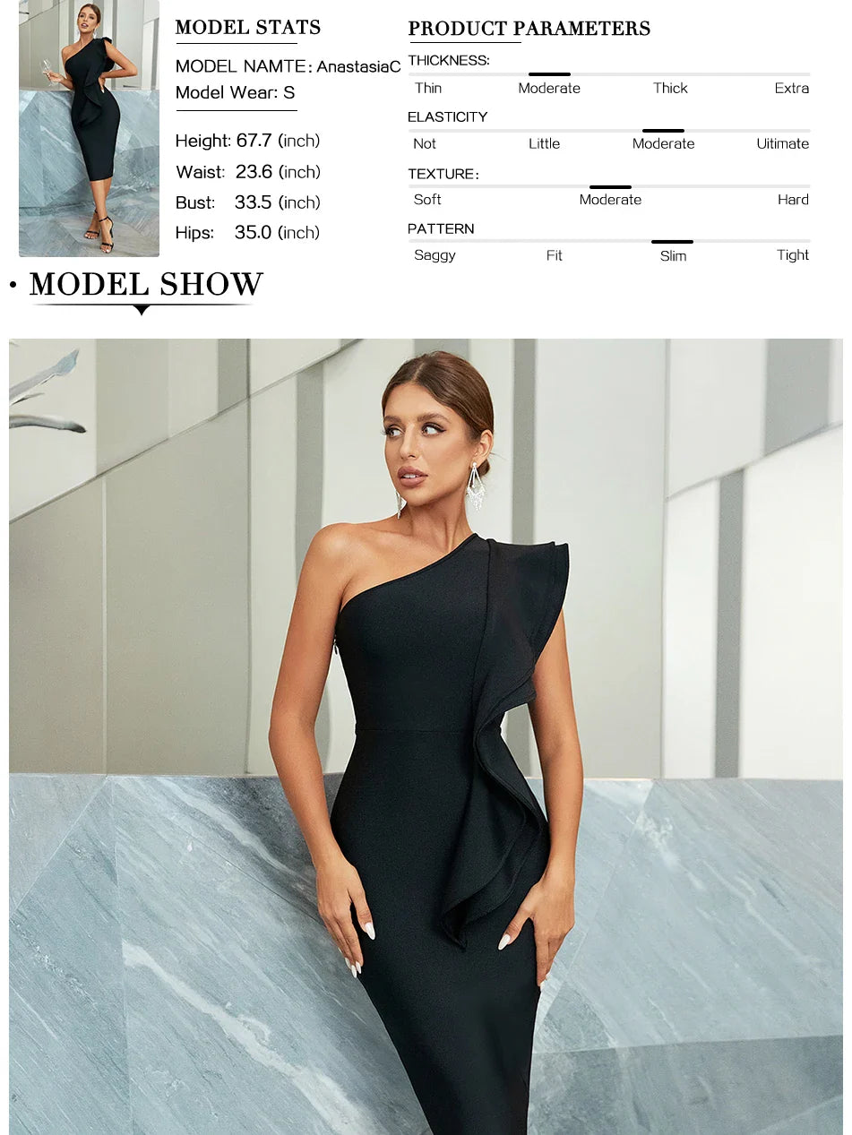 One Shoulder Black Bodycon Bandage Dress Midi For Party
