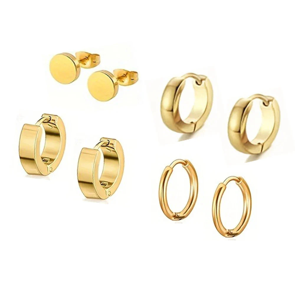 Stylish Men's Earring Set - 4 Pairs of Black Stainless Steel Studs and Hoops, Durable and Allergy-Free