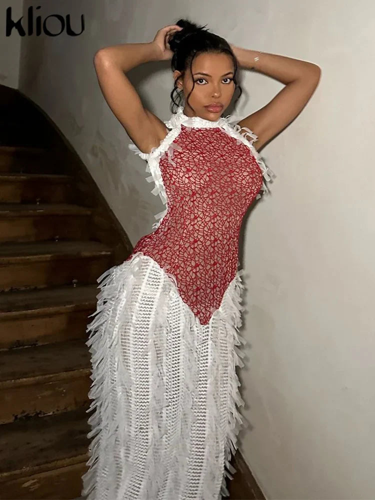 Backless Crochet Maxi Dress With Stand Collar And Pleats