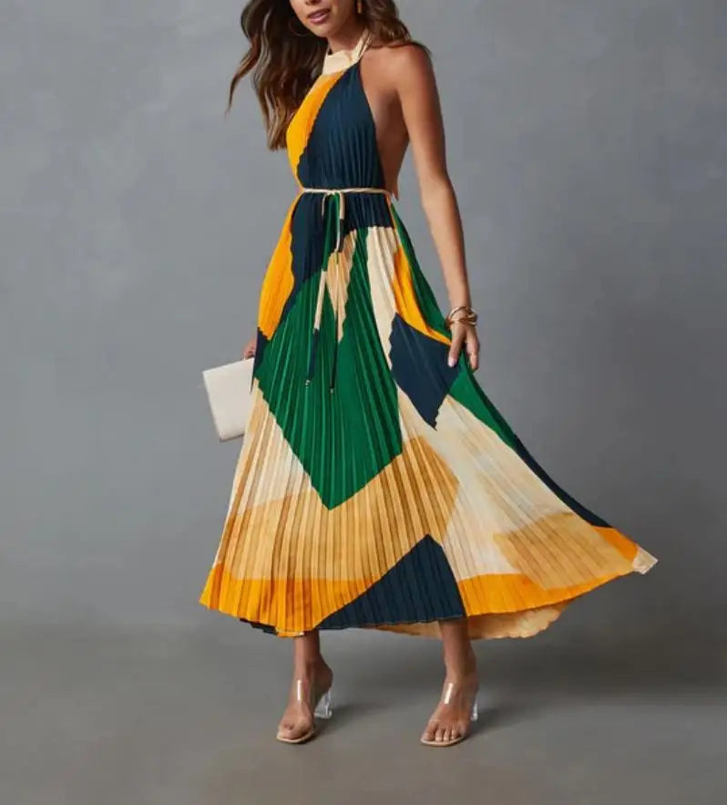 Elegant Backless Pleated Printed Dress For Summer Women