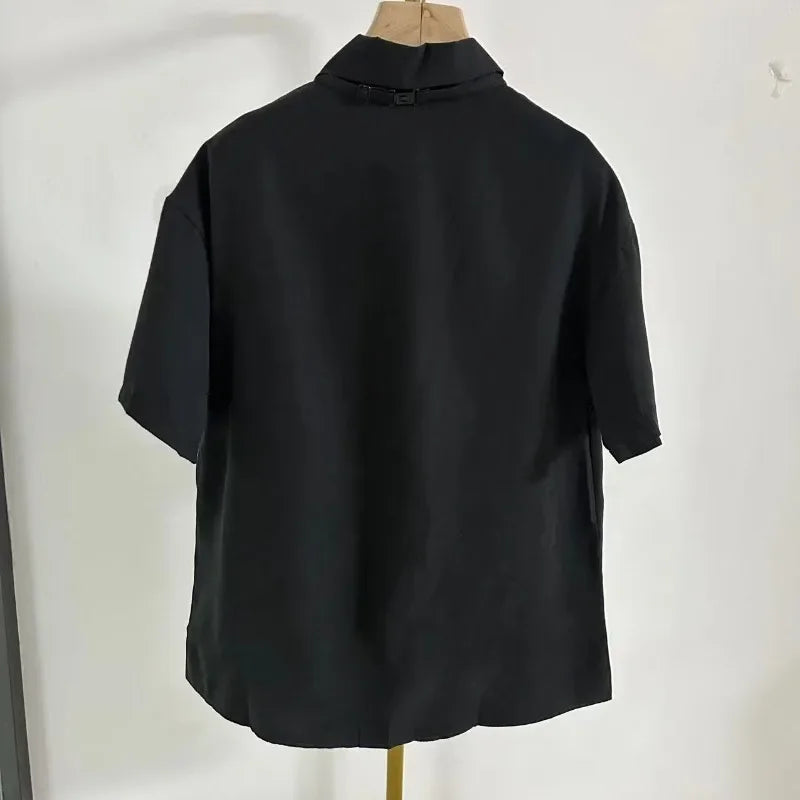 Women's Black Blouse with Necklace Decoration Summer Shirt Loose Fit Short Sleeve Pocket Design Preppy Collar Stylish Blusas