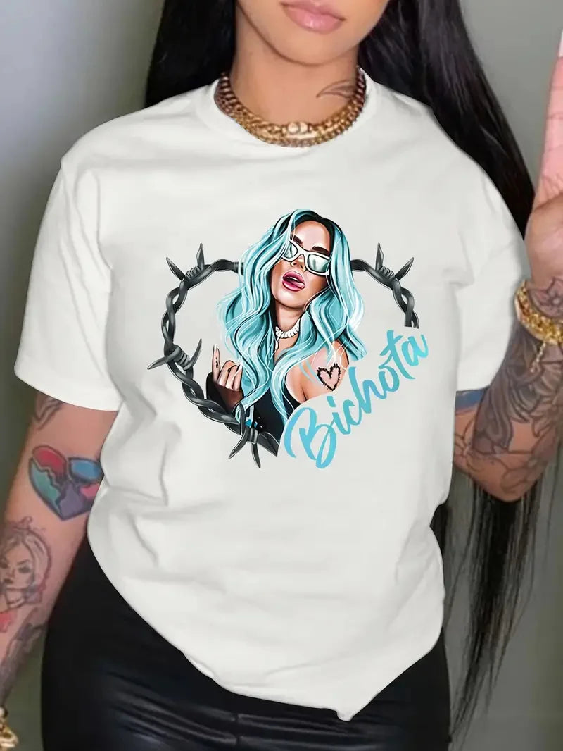 Bichota Print Casual Crew Neck T-Shirt for Women, Short Sleeve Drop Shoulder Top