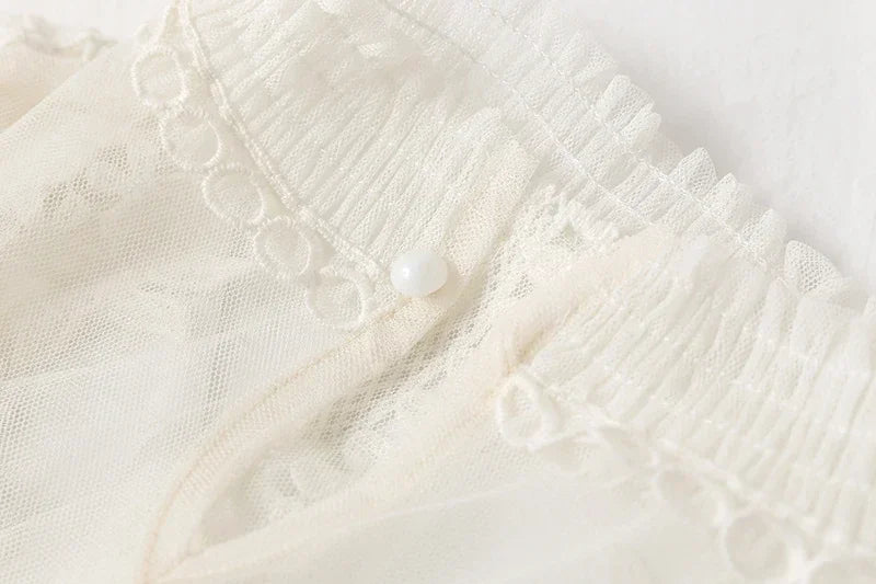 White Lace Mesh Dress With Lantern Sleeves For Women