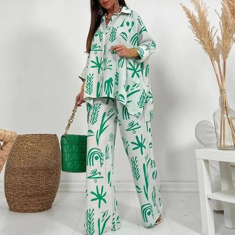 Summer Fashion Printed Women's Two Piece Set with Flip Collar Top and Wide Leg Pants