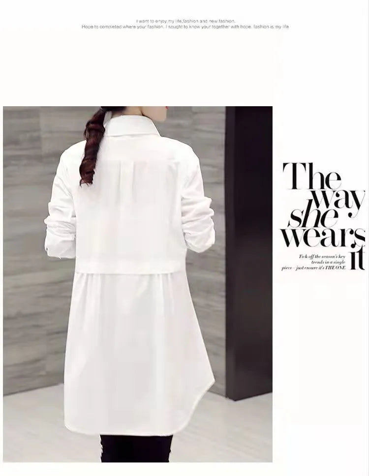 Mid-Length White Polo-Neck Shirt for Women Lightweight Stylish Spring Summer Blouse Elegant Korean-Inspired Fashion