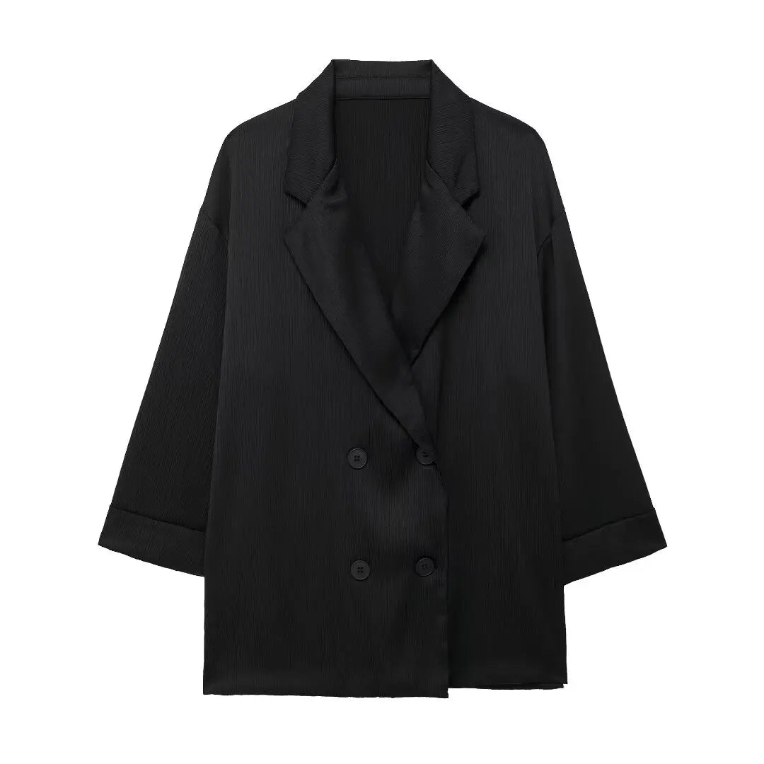 Chic Vintage Pink Loose Blazer and High Waist Wide Leg Pants Set for Women