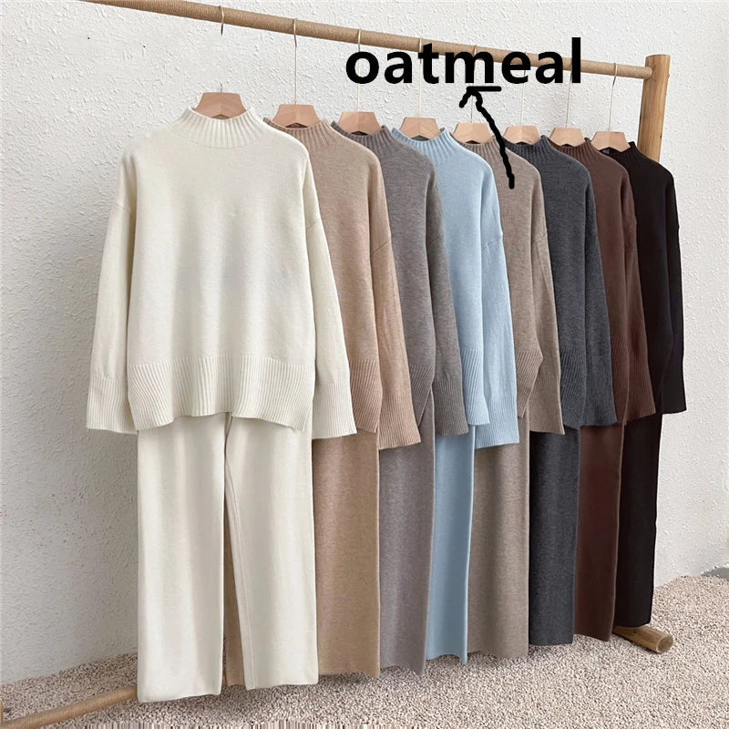 Cozy Split Knit Sweater and Casual Pants Two-Piece Set for Women Soft Solid Color Autumn Winter Outfit