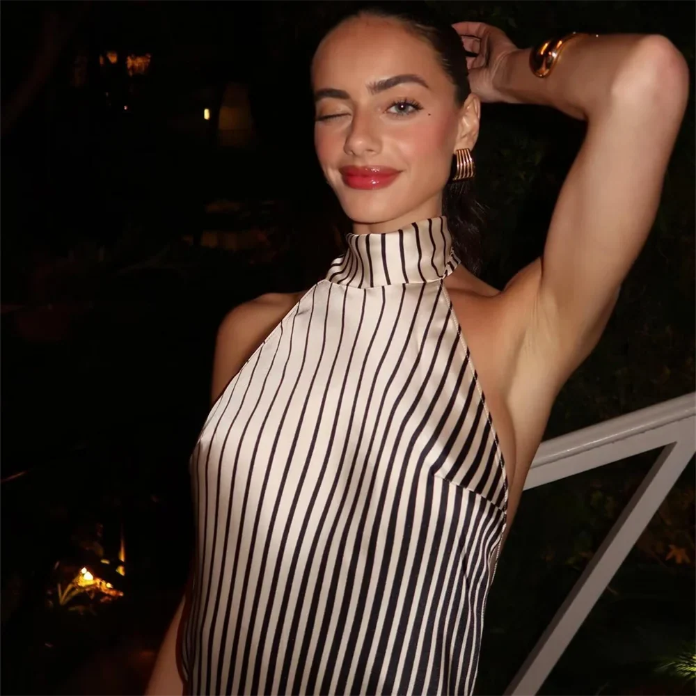 Women Gradient Stripe Dress Hanging Neck Slim Fit Summer