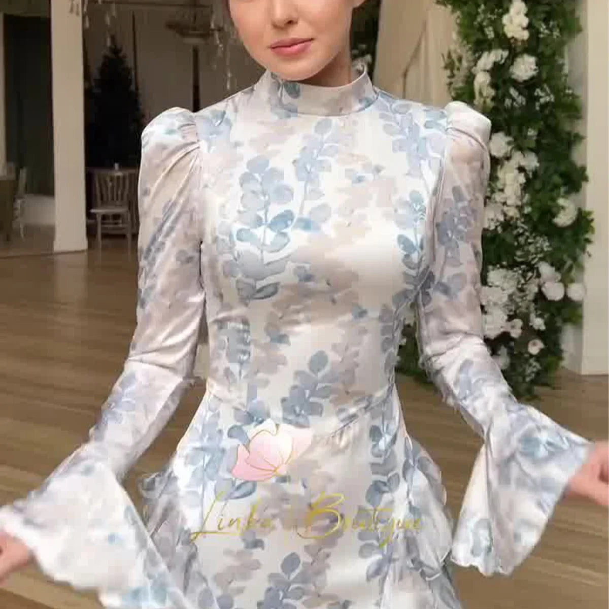 Satin Lace Up Printed Dress Long Sleeve Bodycon Evening Gown