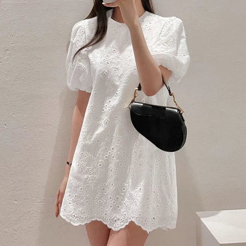 Cotton Sundress With Puff Sleeve Mini For Women Round Neck