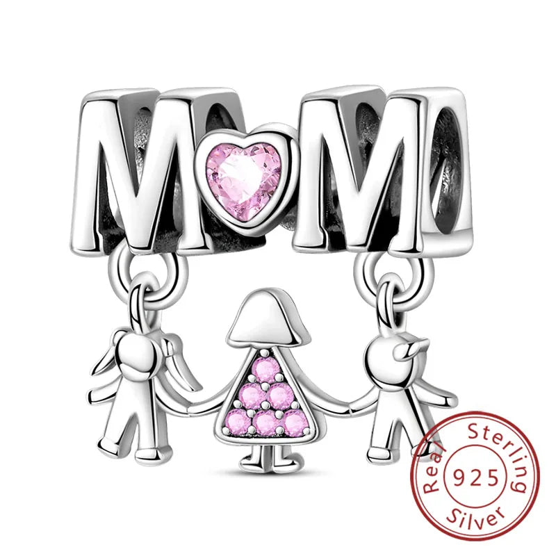 925 Sterling Silver Love Heart Family Charm Bead Pendant for Women's Bracelet Jewelry Gift