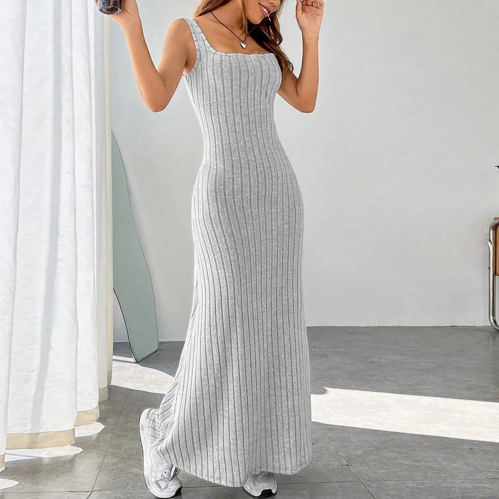 Floral Sundress For Women Pockets Square Neck Tank Dress