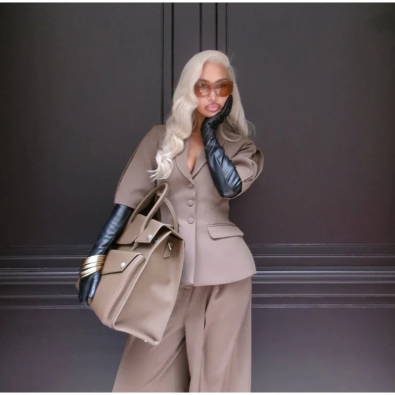 Casual Women Blazer Pants Suit with Slim Lapel Puff Sleeves and Wide Leg Trousers 2 Piece Outfit