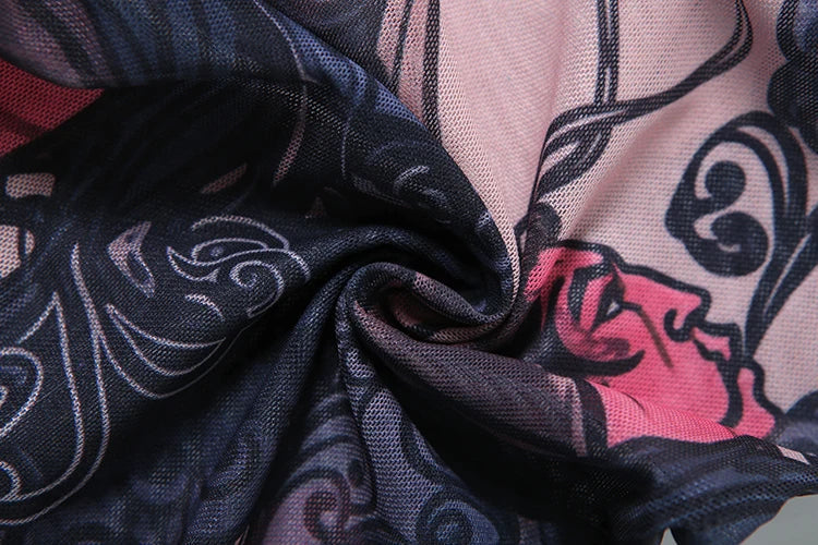 Colorful Mesh Print Jumpsuit for Women Sheer Backless Summer Clubwear Peach Buttocks Contour Tight Fit Overalls