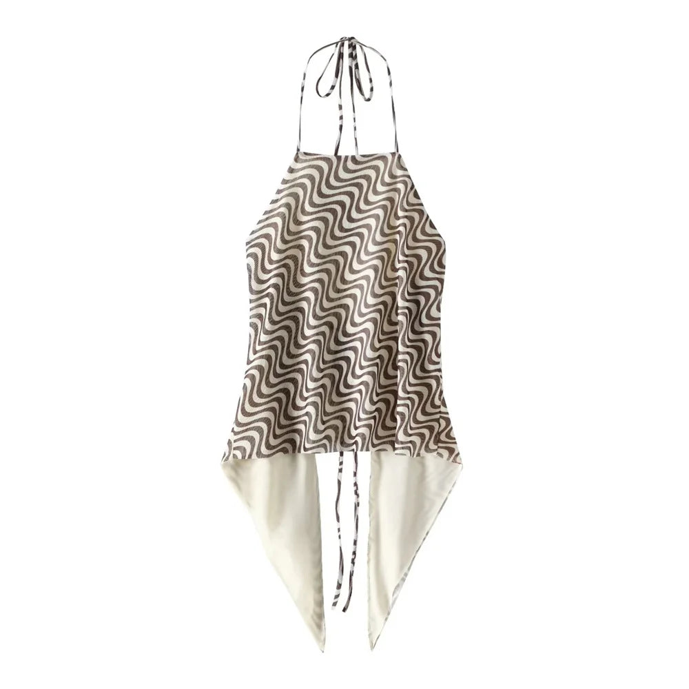 Women's Silk Screen Print Hanging Neck Open Back Top with High Waist Slimming Skirt Set Summer Fashion Two-Piece Outfit