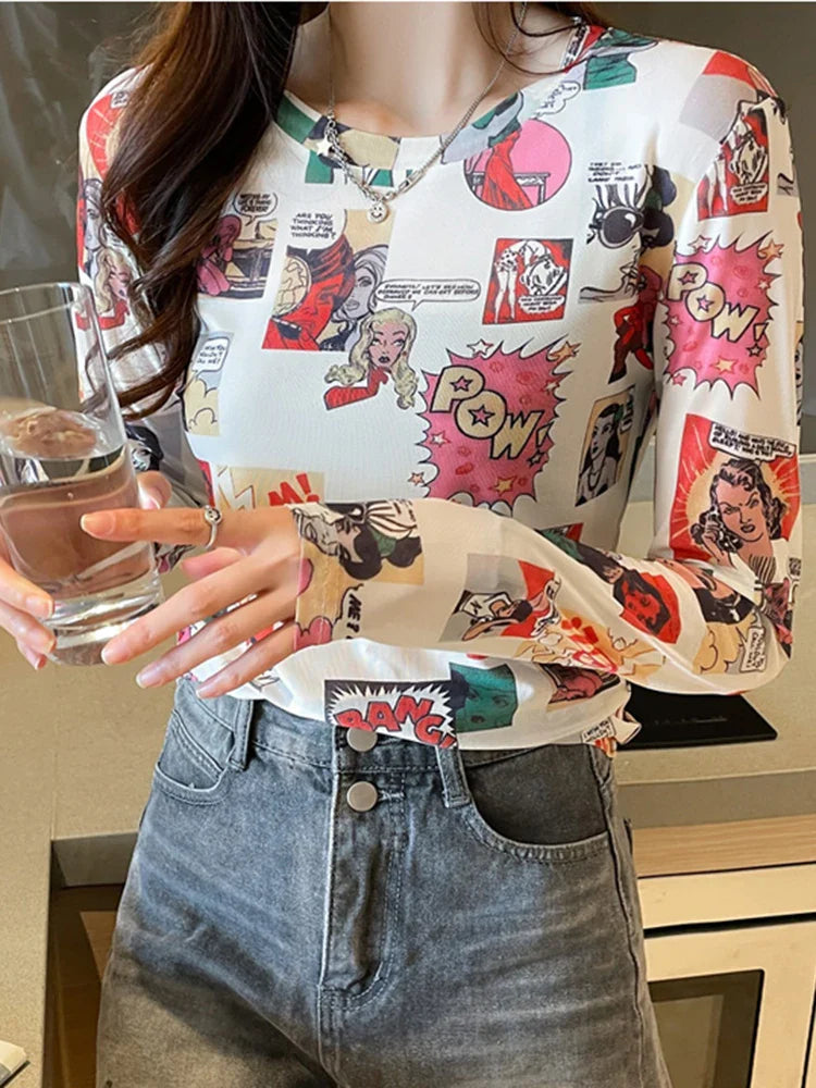 Women's Sexy See-Through Mesh Blouse Long Sleeve Transparent Elegant Printed Shirt Fashion Top