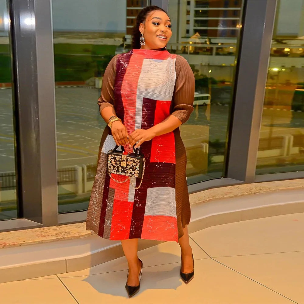 Leaf Print Pleated Boho Maxi Dress for Women Casual Beach