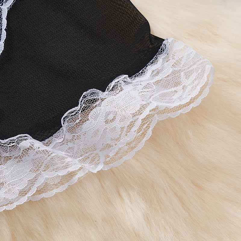 Sexy Lace-Up Lingerie Bodysuit Set with Mini Skirt Backless Patchwork Lace Edge Hollow Cosplay Maid Uniform