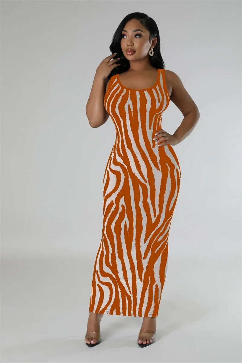 Zebra Print Bodycon Maxi Dress Ruched Sleeveless Party