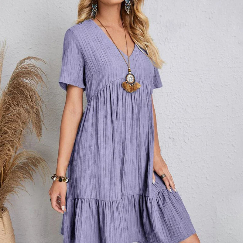 Boho Mini Dress Women V Neck Ruffles A Line Beach Dress