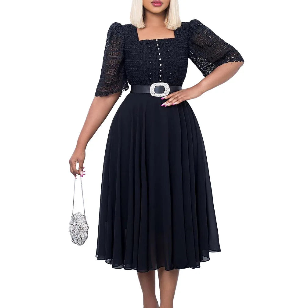 Square Neck Lace Dress Belt A Line Flare Sleeve Mid Calf