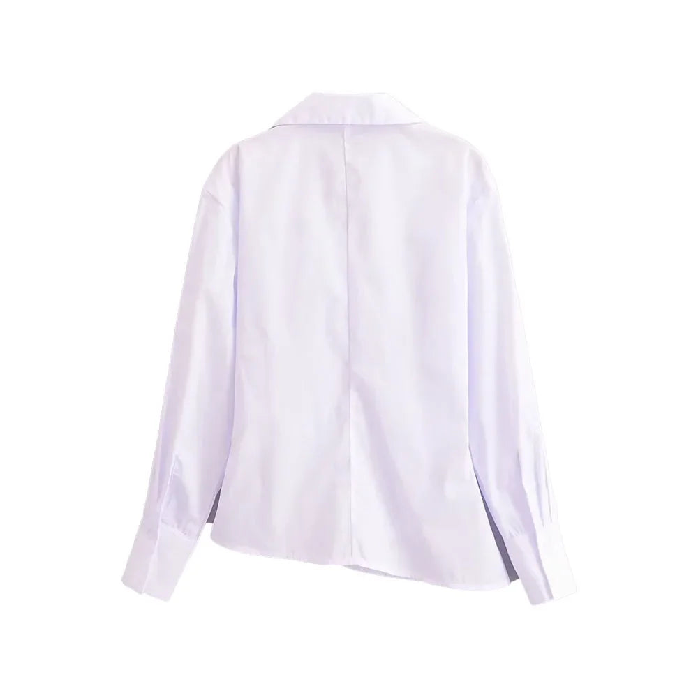 Women's Summer Lapel Poplin Shirt Long Sleeve Slim Fit Bow Tie Wrap Solid Color Blouse