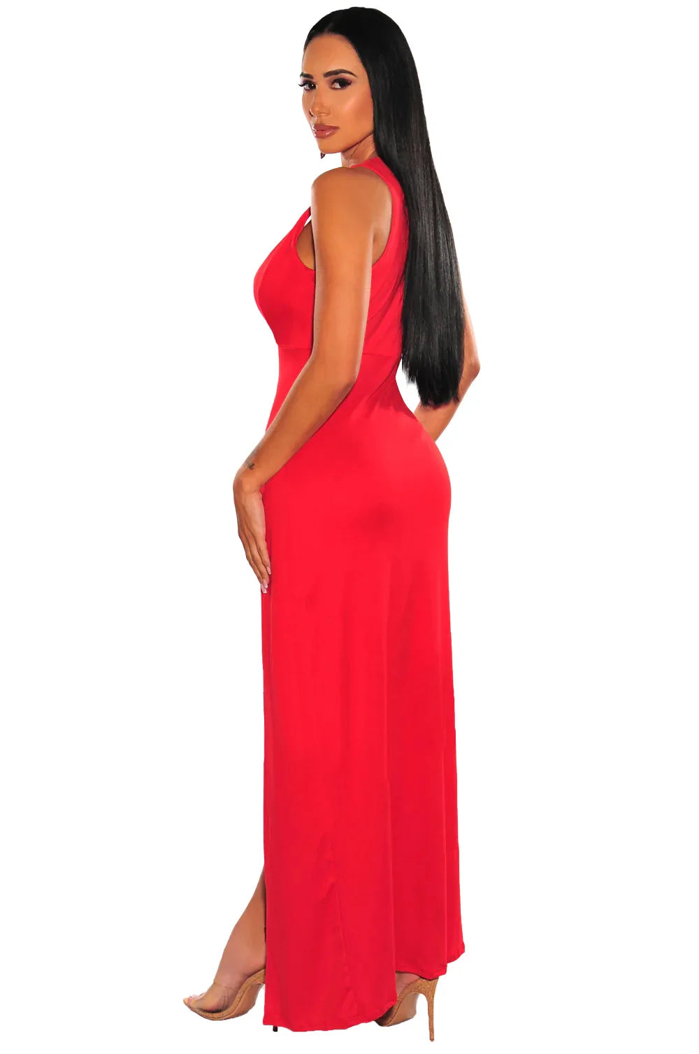 Backless V Neck Sleeveless Maxi Dress With Slit For Party