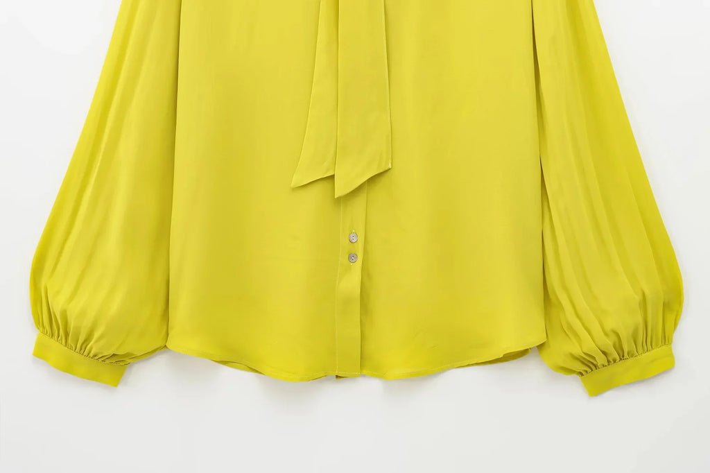 Yellow Chiffon Loose Fit Long Sleeve Shirt for Women with Bow Tie and Button Detail Casual Office Blouse