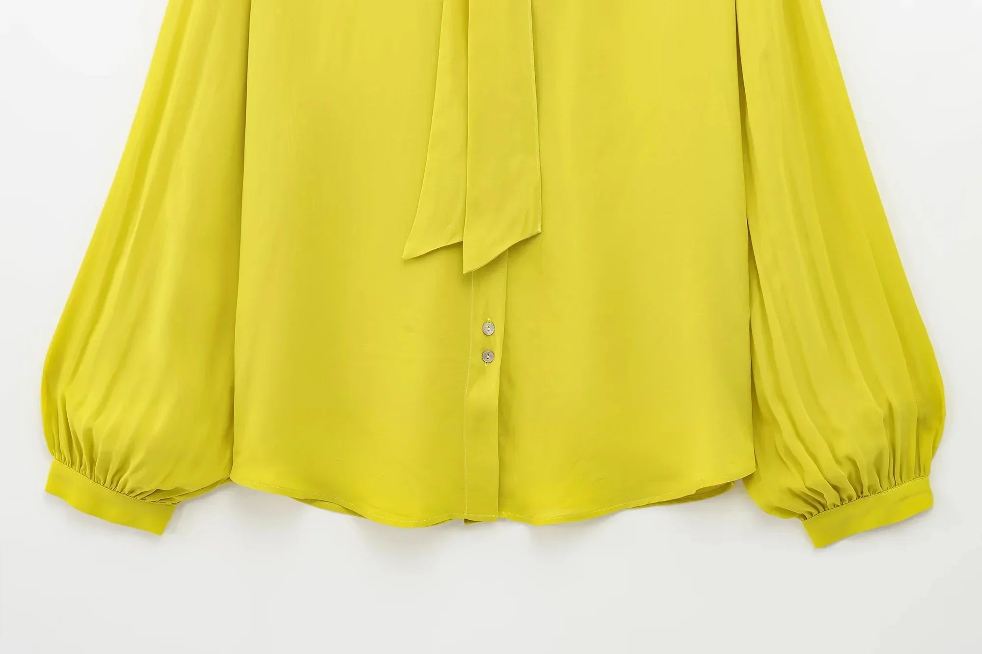 Yellow Chiffon Loose Fit Long Sleeve Shirt for Women with Bow Tie and Button Detail Casual Office Blouse