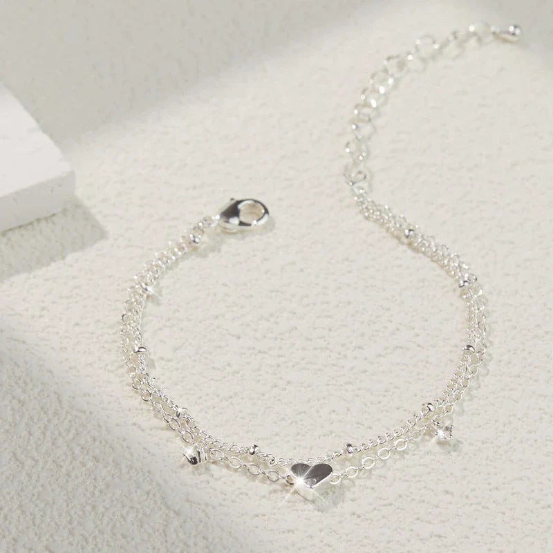 925 Silver Plated Heart Charm Anklet with Cubic Zirconia Dainty Layered Chain Jewelry for Women