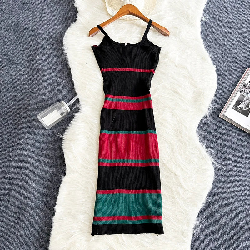 Black Zipper Knit Bodycon Dress Sleeveless Midi Party Dress