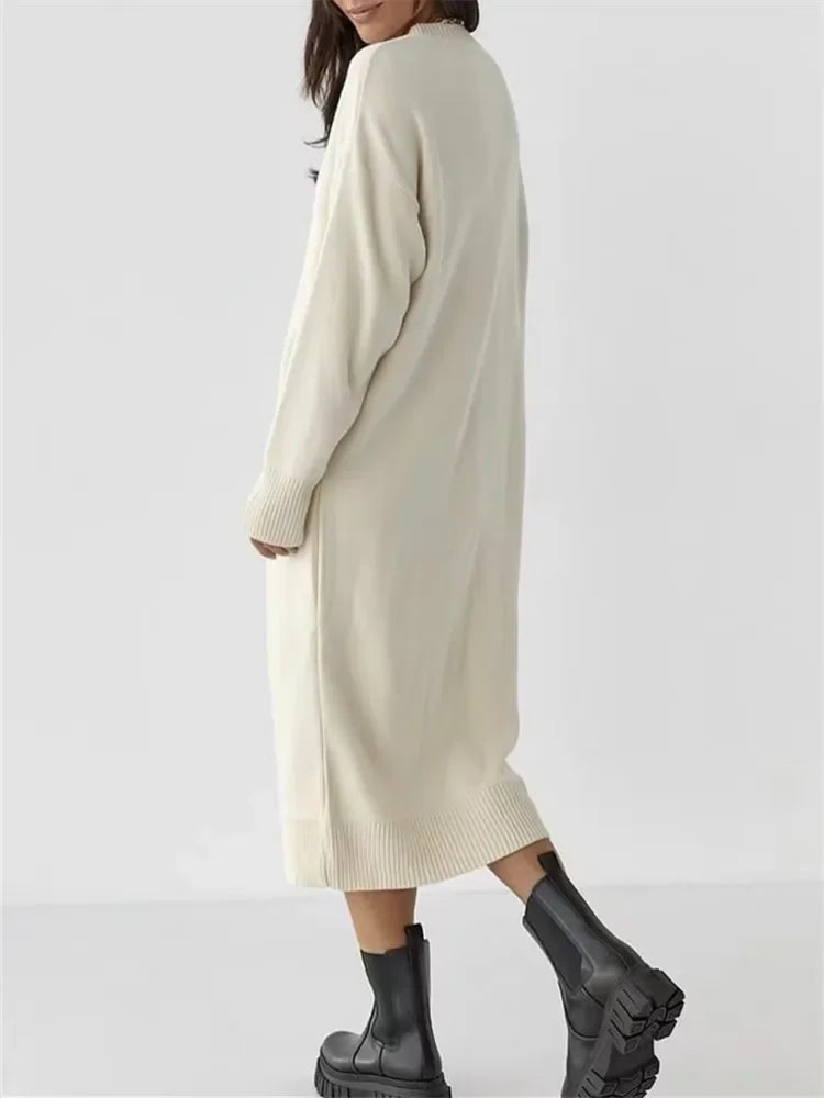 Oversize Knitted Dress for Women Long Sleeve O Neck Casual