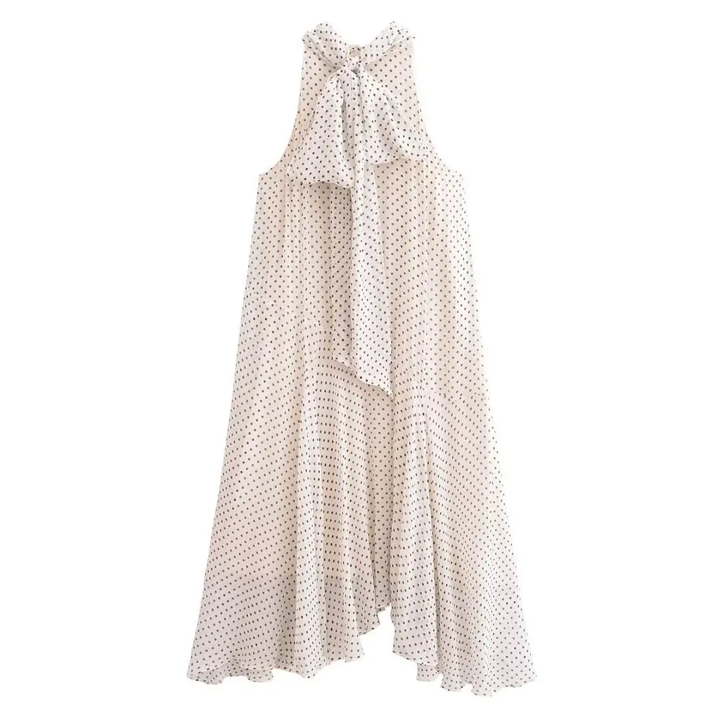 Polka Dot Midi Dress For Women Halter Neck Backless Pleated