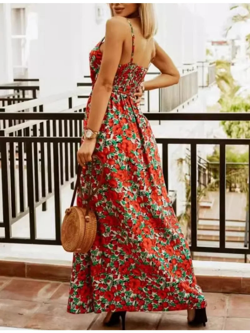 Bohemian Floral Chiffon Summer Dress With V Neckline
