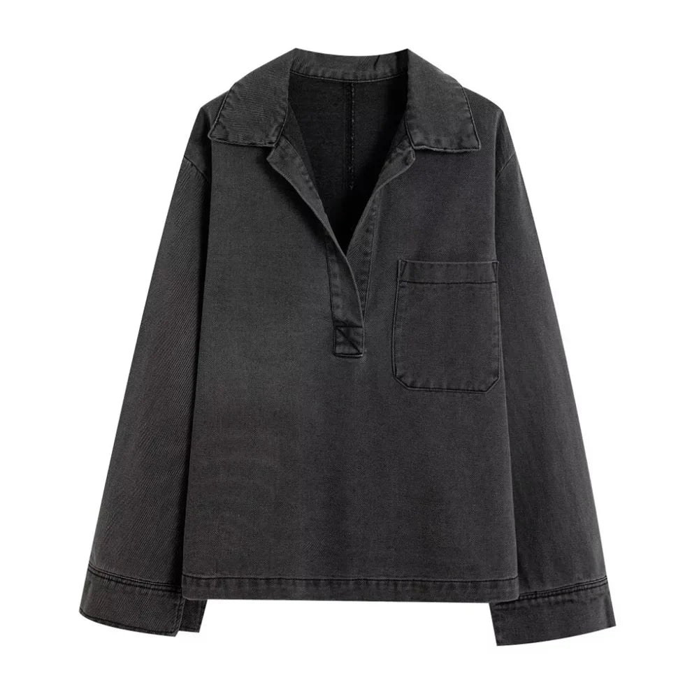 Solid Color V-Neck Loose Denim Pullover Top and High Waist Trousers Set for Women