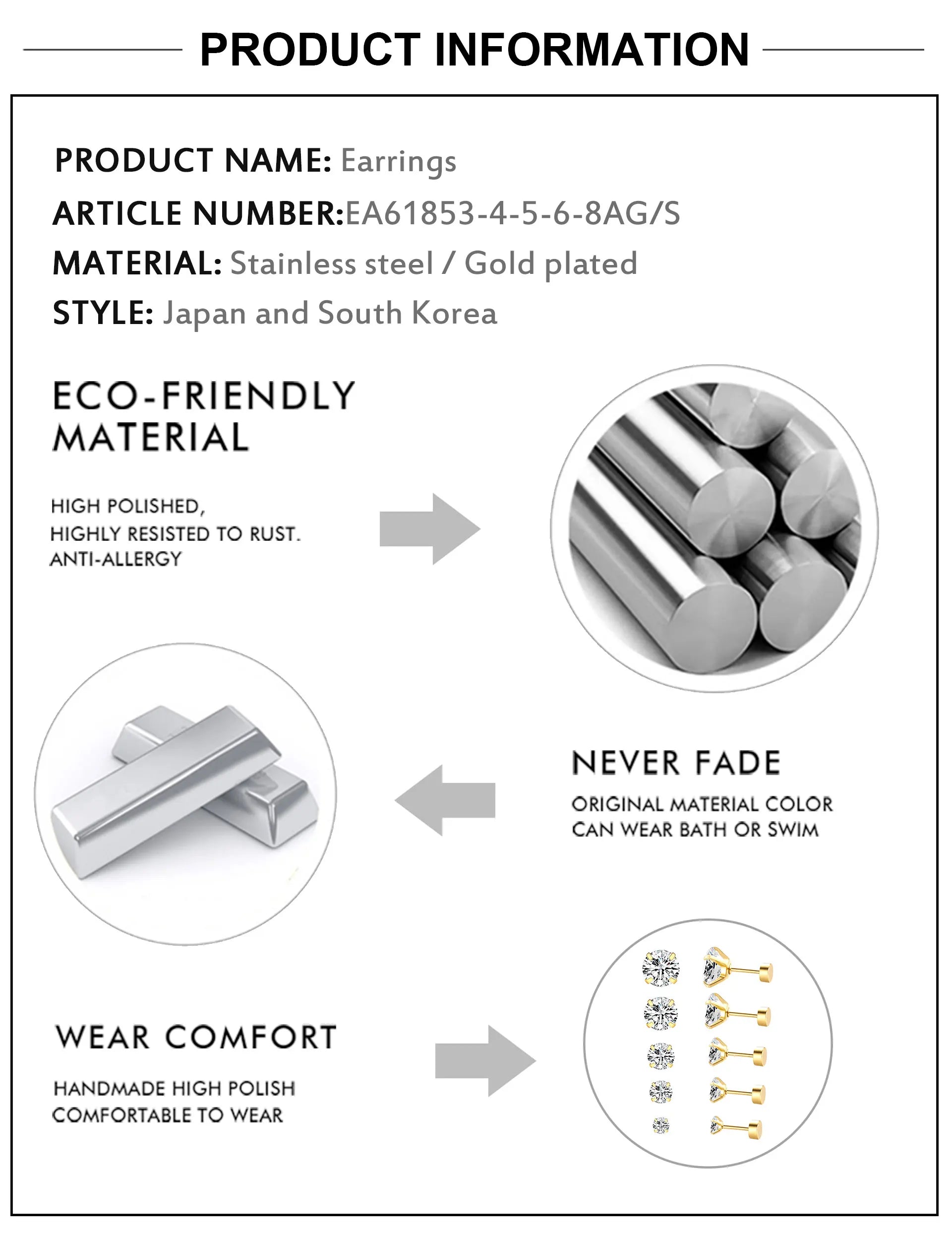 Stainless Steel Crystal Stud Earrings for Men and Women with 4 Prong Round Clear Cubic Zirconia