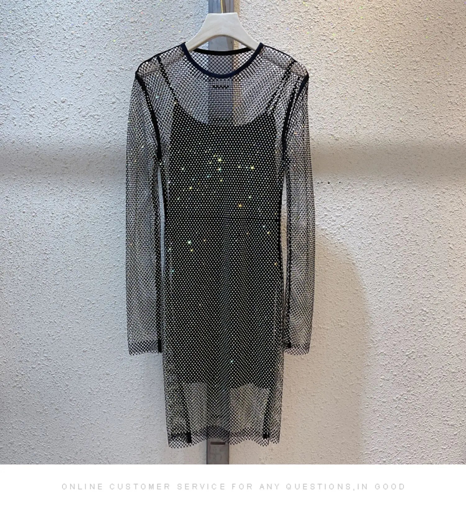 See Through Rhinestone Dress Round Neck Long Sleeve
