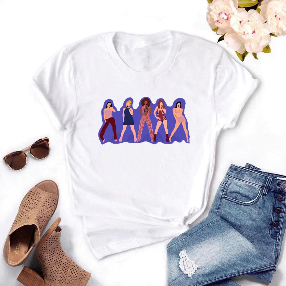 Spice Girls Cartoon T Shirt for Women Short Sleeve Anime Print Tee Stylish Casual Top