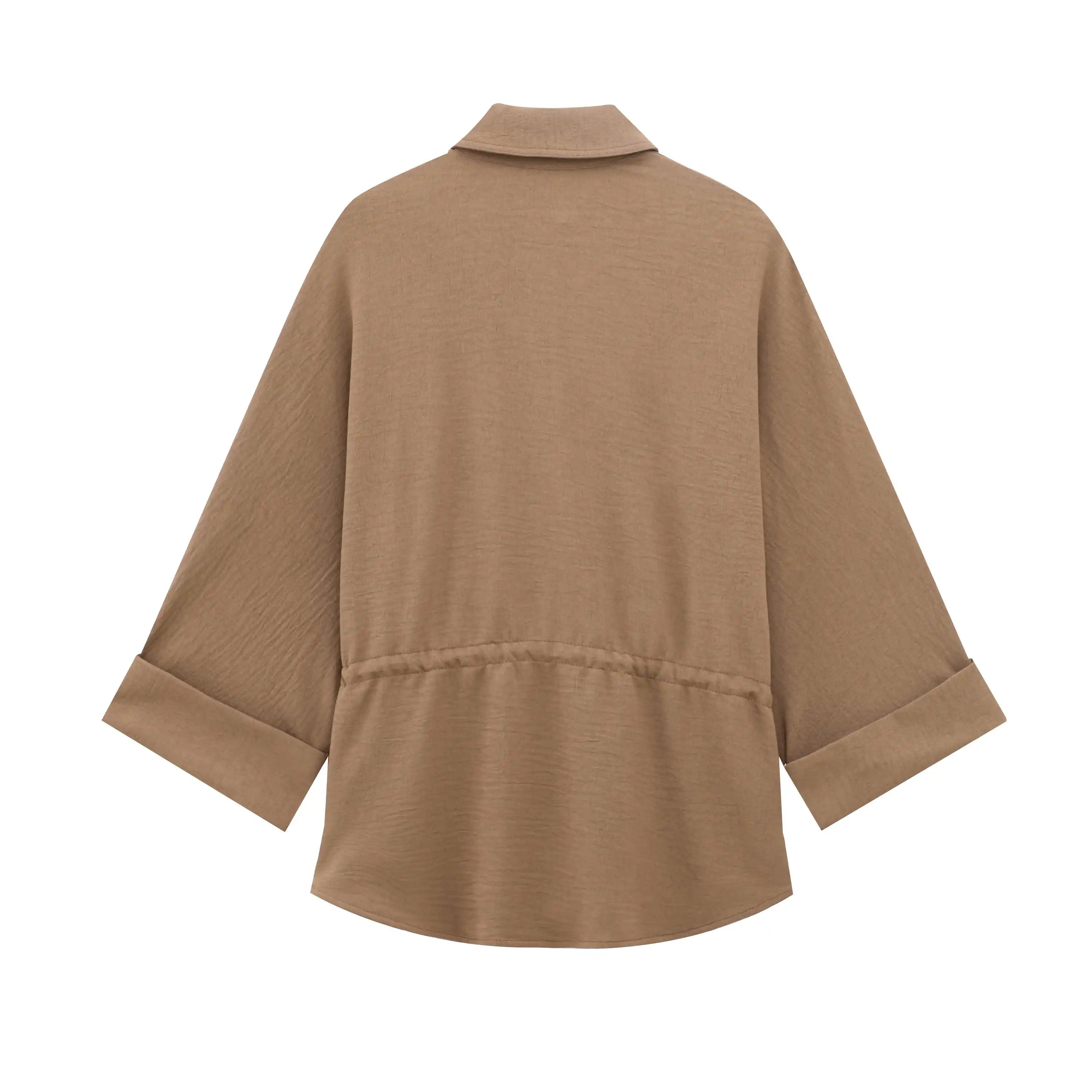 Women Casual Brown Lace-Up Waist Shirt and High Waist Wide Leg Pants Set for Spring Fashion