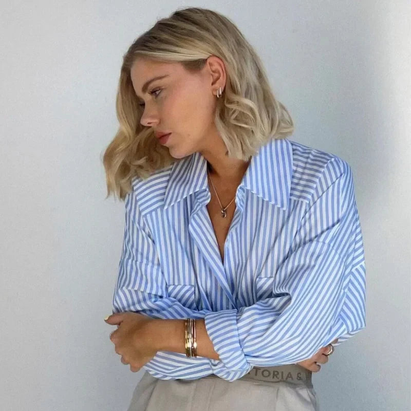 Women's Striped Loose Fit Long Sleeve Shirt Soft Blue Autumn Blouse Stylish Office Wear Top