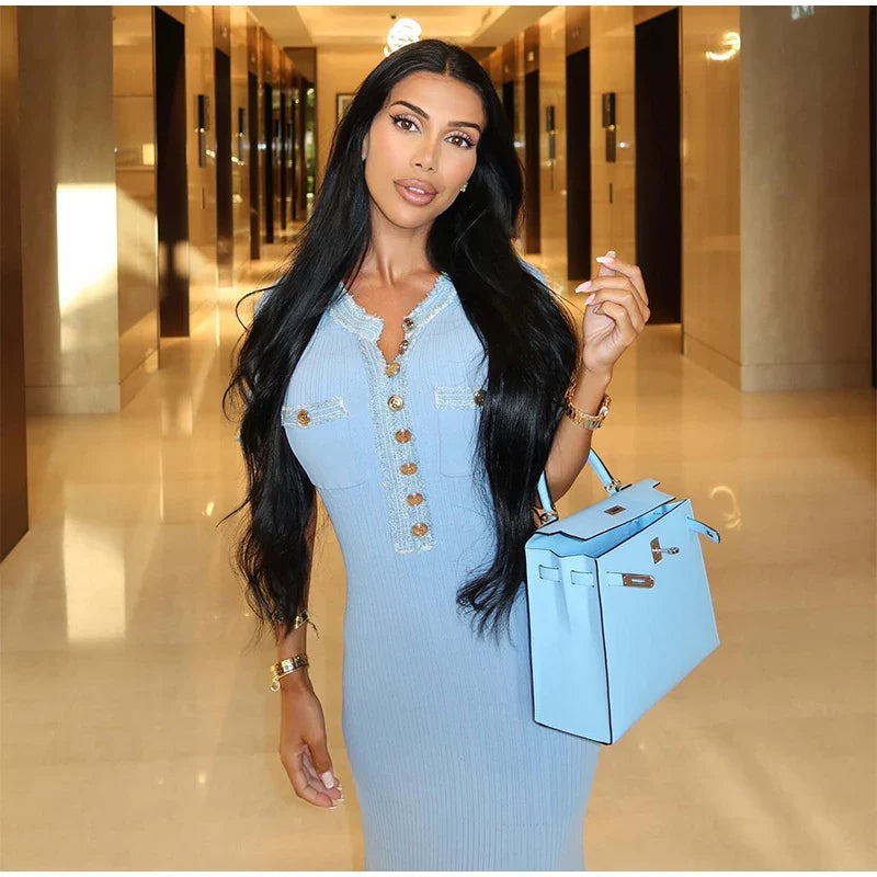 Elegant Denim Patchwork Knitted Long Dress With Pockets