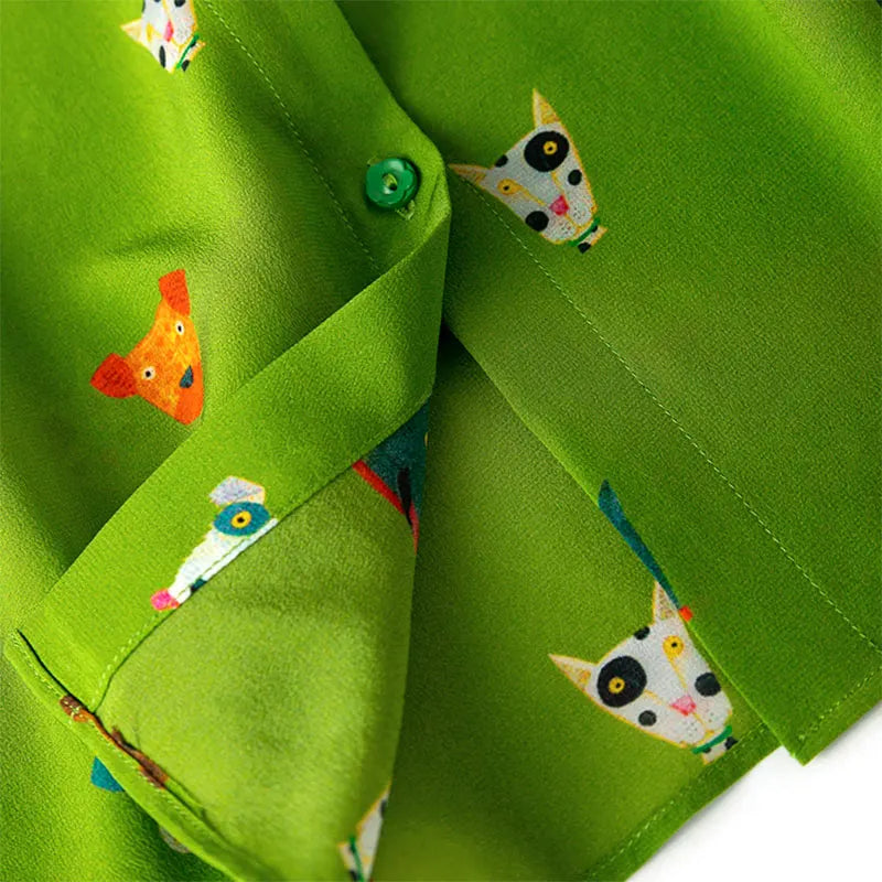 Women Shirt 100 Percent Mulberry Crepe Silk Green Lantern Sleeve Blouse with Cartoon Button Detail