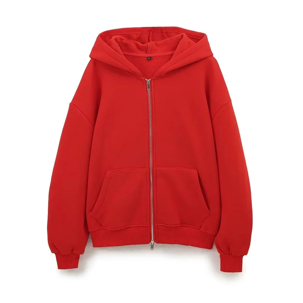 Fashionable Women's Casual Sportswear Jacket and Wide Leg Pants Set with Zipper Decoration