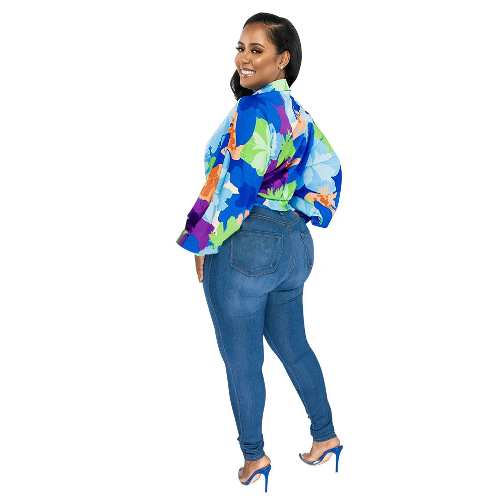 Women's Printed V-Neck Ramie Shirt Loose Bat-Sleeve Summer Top with Belly Cover Age-Reducing Design