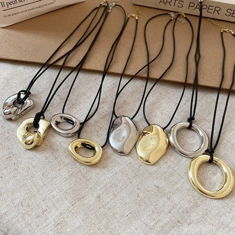 Punk Large U-Shape Geometric Pendant Necklace for Men and Women Adjustable Leather Rope Sweater Chain Jewelry